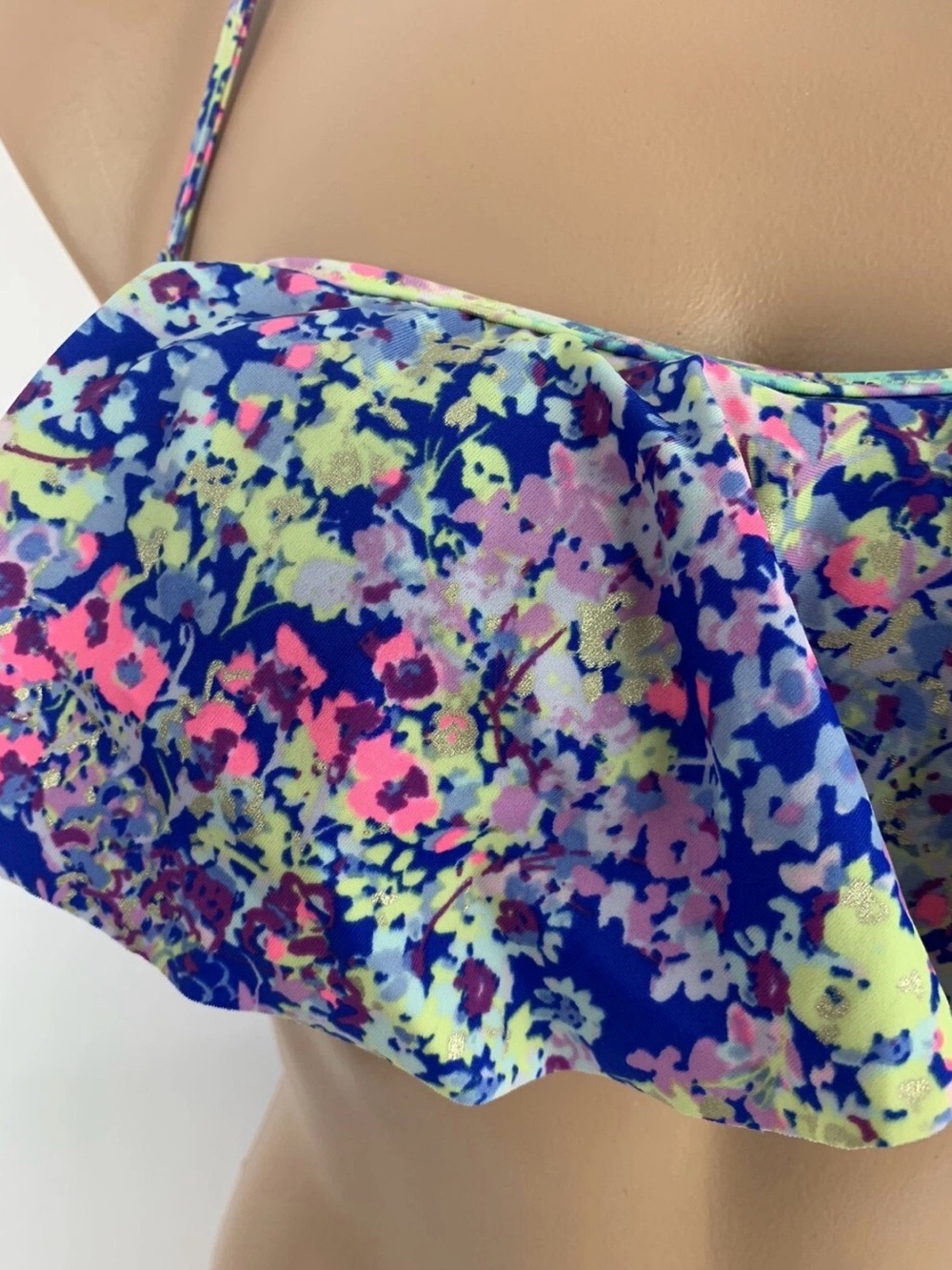 Victoria's Secret (M) Flounce Bandeau Swim Bikini Top Blue Multi Floral - Picture 2 of 7